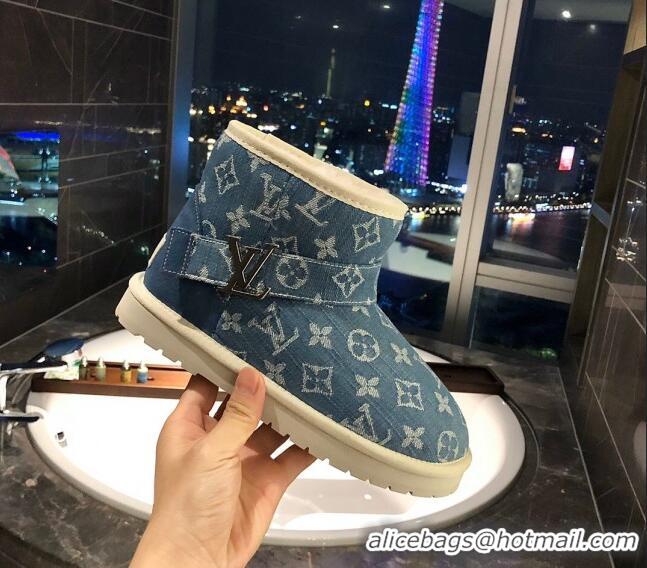 Good Quality Louis Vuitton Monogram Denim Wool Short Boots with LV Strap 111434 Blue