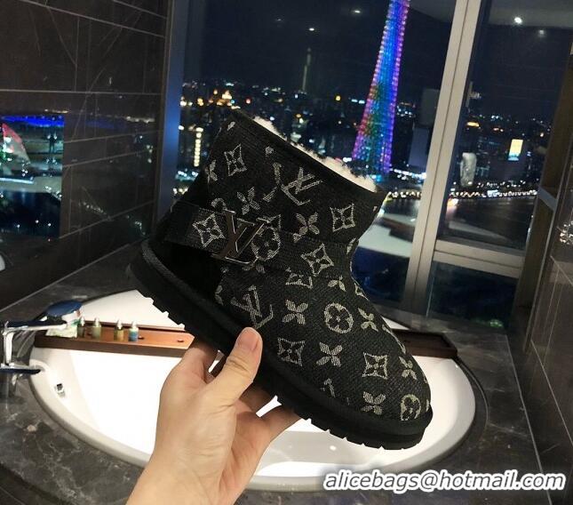 Good Product Louis Vuitton Monogram Denim Wool Short Boots with LV Strap 111434 Black