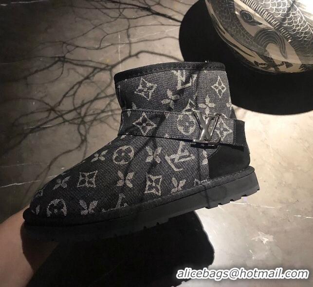 Good Product Louis Vuitton Monogram Denim Wool Short Boots with LV Strap 111434 Black