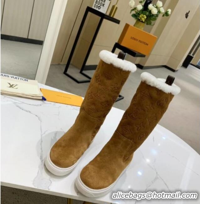 Unique Style Louis Vuitton Breezy Flat Mid-High Boots in Camel Brown Monogram Suede 120246