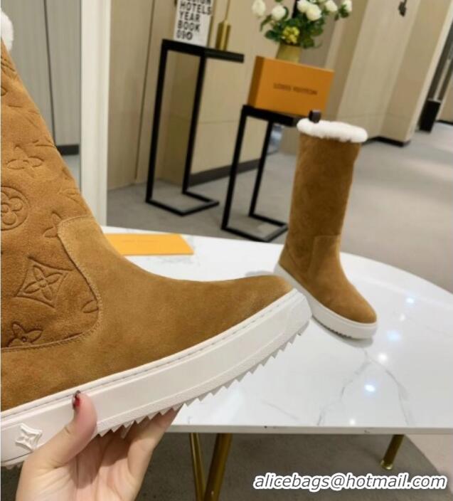 Unique Style Louis Vuitton Breezy Flat Mid-High Boots in Camel Brown Monogram Suede 120246