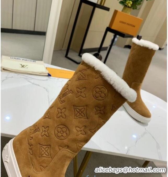 Unique Style Louis Vuitton Breezy Flat Mid-High Boots in Camel Brown Monogram Suede 120246