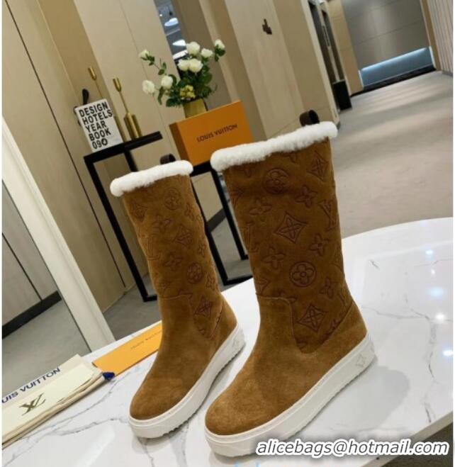 Unique Style Louis Vuitton Breezy Flat Mid-High Boots in Camel Brown Monogram Suede 120246