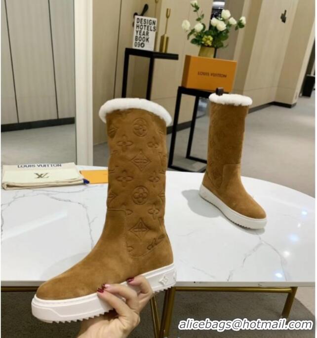 Unique Style Louis Vuitton Breezy Flat Mid-High Boots in Camel Brown Monogram Suede 120246