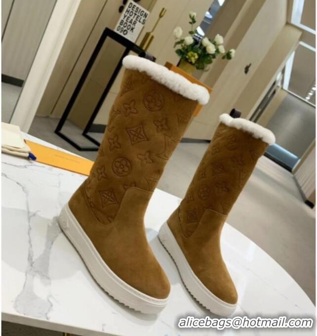 Unique Style Louis Vuitton Breezy Flat Mid-High Boots in Camel Brown Monogram Suede 120246