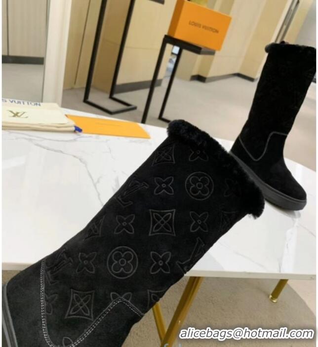 Top Grade Louis Vuitton Breezy Flat Mid-High Boots in Black Monogram Suede 120247