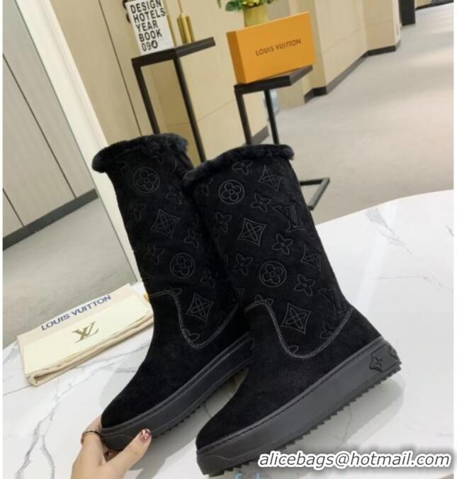 Top Grade Louis Vuitton Breezy Flat Mid-High Boots in Black Monogram Suede 120247