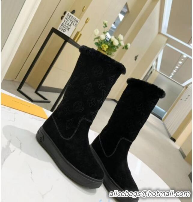 Top Grade Louis Vuitton Breezy Flat Mid-High Boots in Black Monogram Suede 120247