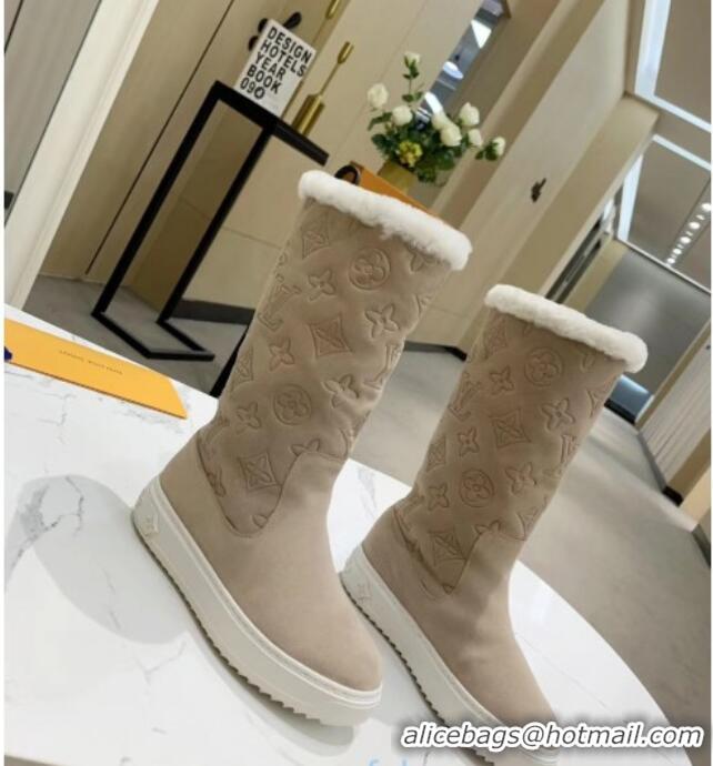 Sumptuous Louis Vuitton Breezy Flat Mid-High Boots in Beige Monogram Suede 120248