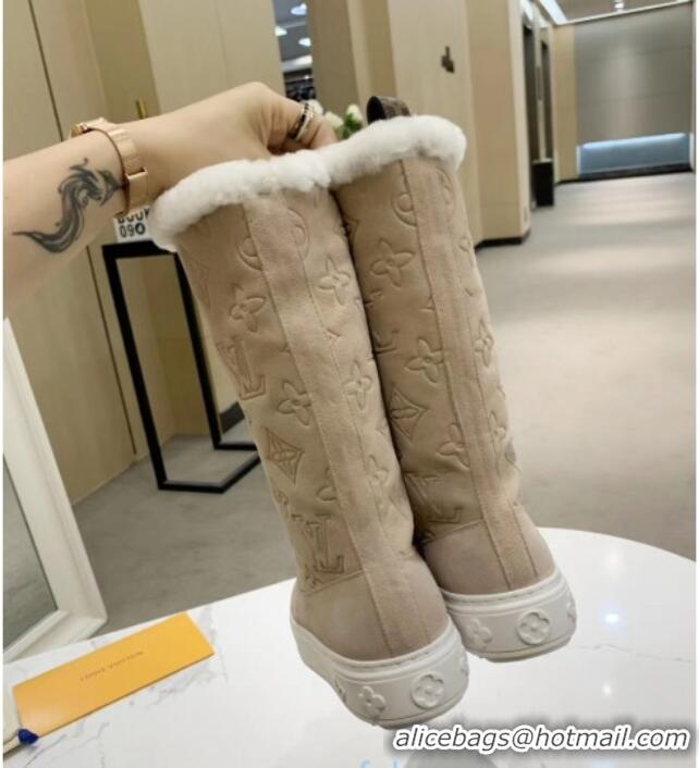 Sumptuous Louis Vuitton Breezy Flat Mid-High Boots in Beige Monogram Suede 120248