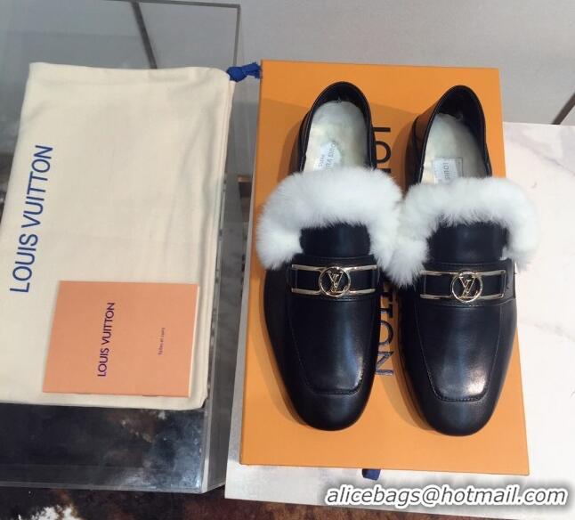 Top Design Louis Vuitton Upper Case Leather Fur Flat Loafers 120521 Black/White