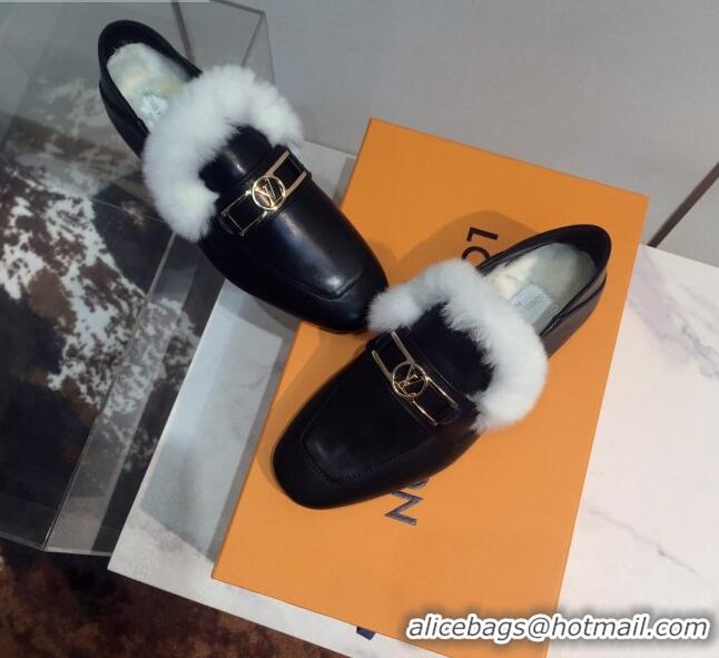 Top Design Louis Vuitton Upper Case Leather Fur Flat Loafers 120521 Black/White