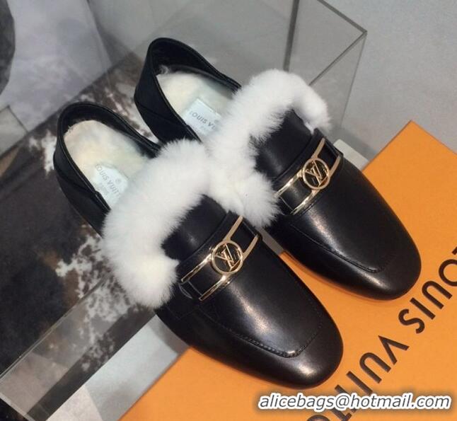 Top Design Louis Vuitton Upper Case Leather Fur Flat Loafers 120521 Black/White