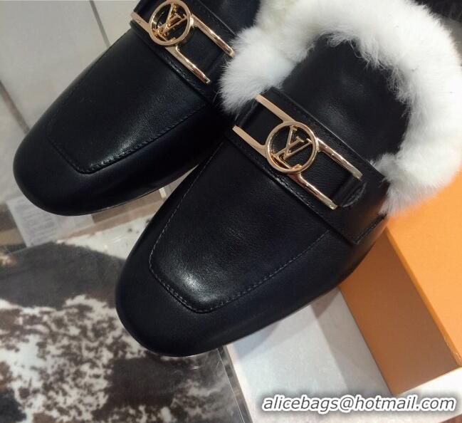 Top Design Louis Vuitton Upper Case Leather Fur Flat Loafers 120521 Black/White