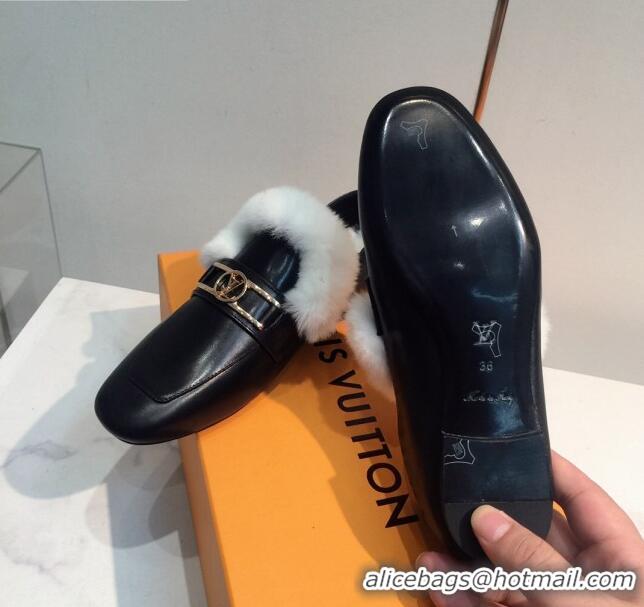 Top Design Louis Vuitton Upper Case Leather Fur Flat Loafers 120521 Black/White