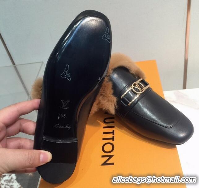 Unique Style Louis Vuitton Upper Case Leather Fur Flat Loafers 120521 Black/Brown