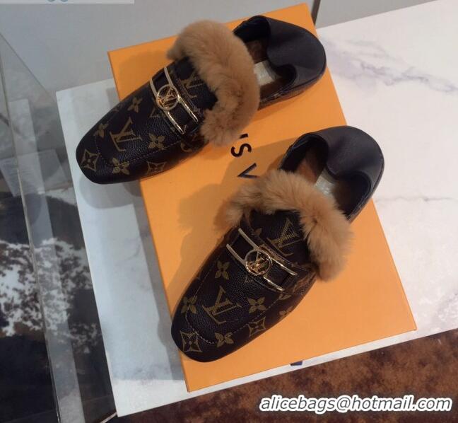 Best Grade Louis Vuitton Upper Case Leather Fur Flat Loafers Monogram Canvas 120521