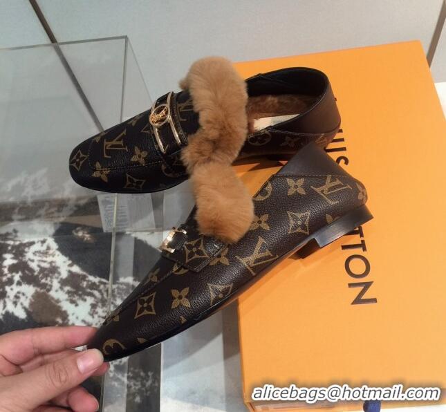 Best Grade Louis Vuitton Upper Case Leather Fur Flat Loafers Monogram Canvas 120521