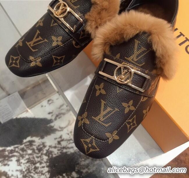 Best Grade Louis Vuitton Upper Case Leather Fur Flat Loafers Monogram Canvas 120521