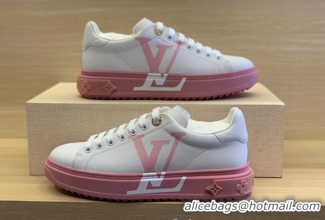 Luxury Louis Vuitton Time Out LV Initials Leather Sneakers 1A8MZB Pink/White