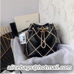 Buy Cheapest Chanel drawstring bag Lambskin AS2386 black & white