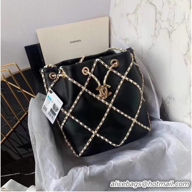 Buy Cheapest Chanel drawstring bag Lambskin AS2386 black & white