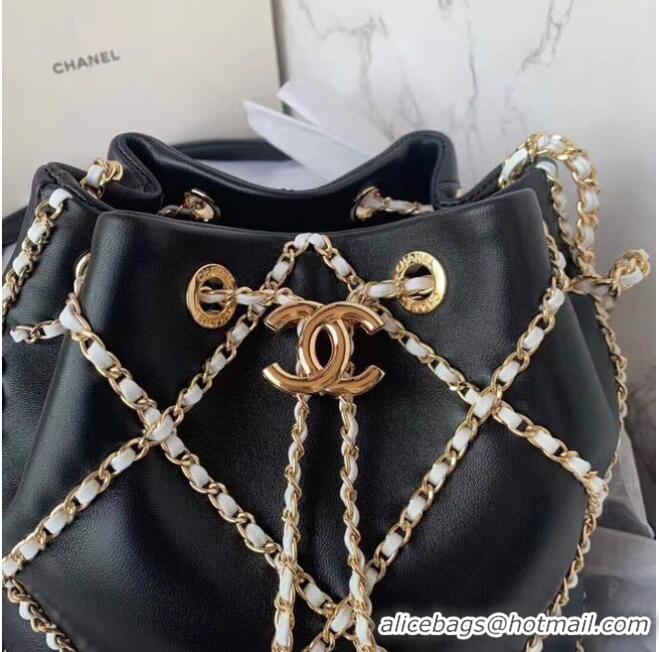 Buy Cheapest Chanel drawstring bag Lambskin AS2386 black & white