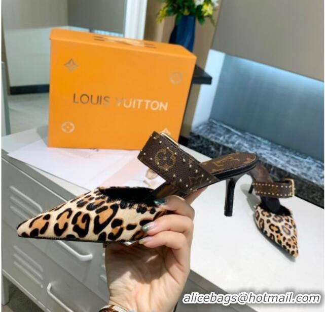 Stylish Louis Vuitton Monogram Canvas Leopard Print Sofia Heel Mules 5.5cm 010907