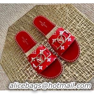 Top Grade Louis Vuitton Monogram Canvas Espadrille Slide Sandals with Rectangle LV Buckle 011101 Red