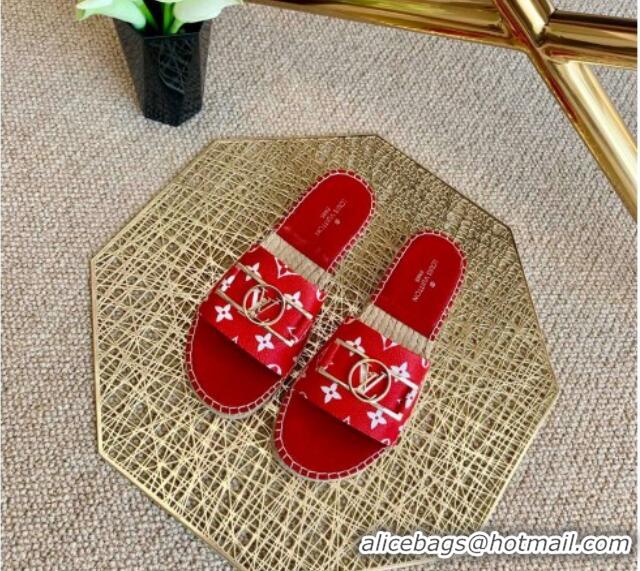 Top Grade Louis Vuitton Monogram Canvas Espadrille Slide Sandals with Rectangle LV Buckle 011101 Red