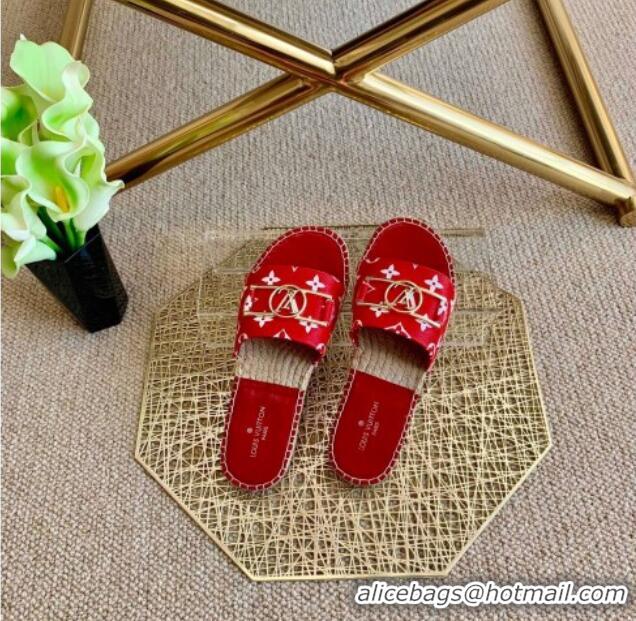 Top Grade Louis Vuitton Monogram Canvas Espadrille Slide Sandals with Rectangle LV Buckle 011101 Red