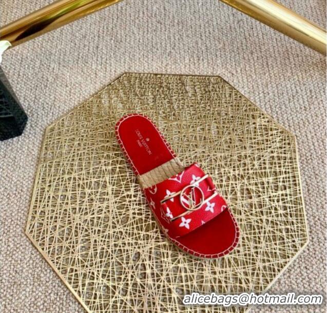 Top Grade Louis Vuitton Monogram Canvas Espadrille Slide Sandals with Rectangle LV Buckle 011101 Red