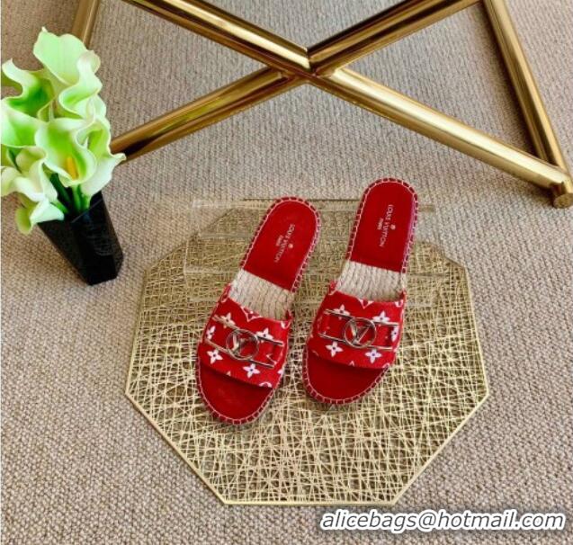 Top Grade Louis Vuitton Monogram Canvas Espadrille Slide Sandals with Rectangle LV Buckle 011101 Red