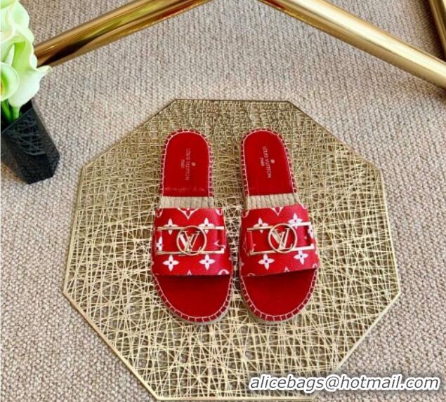 Top Grade Louis Vuitton Monogram Canvas Espadrille Slide Sandals with Rectangle LV Buckle 011101 Red