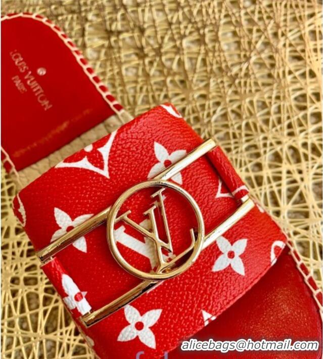 Top Grade Louis Vuitton Monogram Canvas Espadrille Slide Sandals with Rectangle LV Buckle 011101 Red