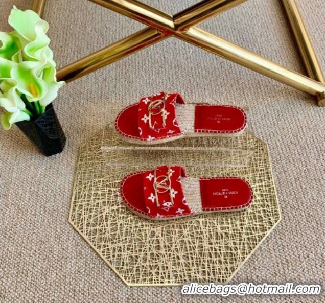 Top Grade Louis Vuitton Monogram Canvas Espadrille Slide Sandals with Rectangle LV Buckle 011101 Red