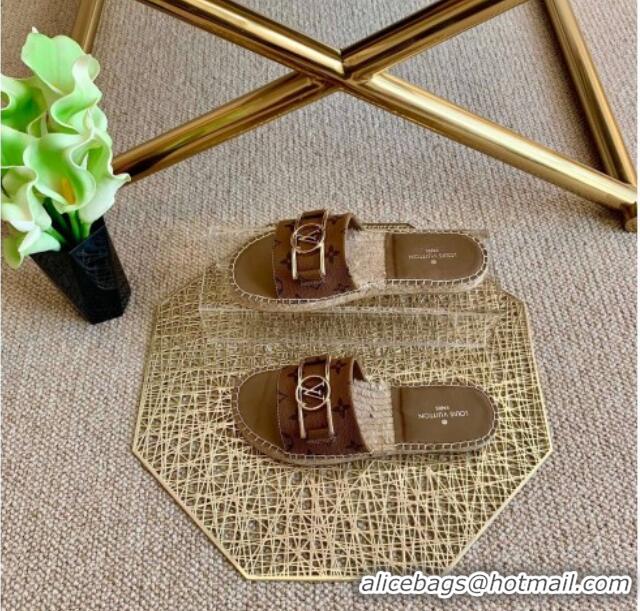 Good Quality Louis Vuitton Monogram Reverse Canvas Espadrille Slide Sandals with Rectangle LV Buckle 011102