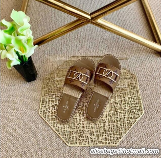 Good Quality Louis Vuitton Monogram Reverse Canvas Espadrille Slide Sandals with Rectangle LV Buckle 011102