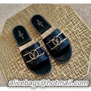 Unique Style Louis Vuitton Monogram Canvas Espadrille Slide Sandals with Rectangle LV Buckle Black 011104