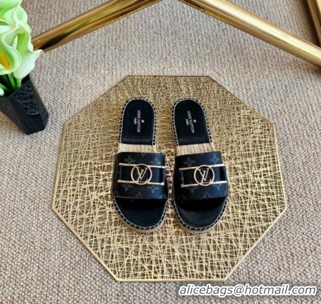 Unique Style Louis Vuitton Monogram Canvas Espadrille Slide Sandals with Rectangle LV Buckle Black 011104