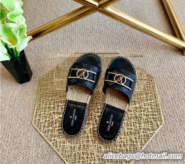 Unique Style Louis Vuitton Monogram Canvas Espadrille Slide Sandals with Rectangle LV Buckle Black 011104