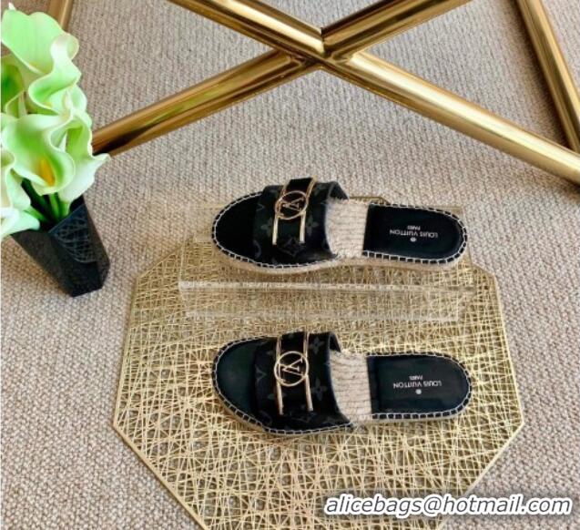 Unique Style Louis Vuitton Monogram Canvas Espadrille Slide Sandals with Rectangle LV Buckle Black 011104