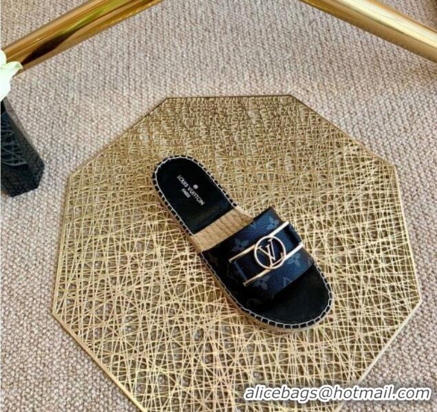 Unique Style Louis Vuitton Monogram Canvas Espadrille Slide Sandals with Rectangle LV Buckle Black 011104