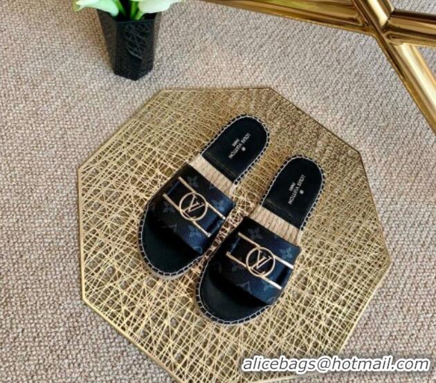 Unique Style Louis Vuitton Monogram Canvas Espadrille Slide Sandals with Rectangle LV Buckle Black 011104