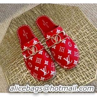 Good Quality Louis Vuitton Monogram Canvas Espadrille Slide Sandals with Rectangle LV Buckle 011104 Red