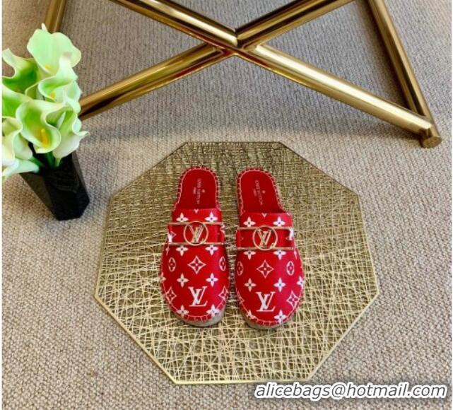 Good Quality Louis Vuitton Monogram Canvas Espadrille Slide Sandals with Rectangle LV Buckle 011104 Red