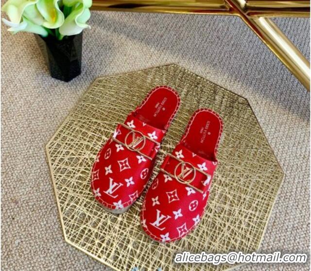 Good Quality Louis Vuitton Monogram Canvas Espadrille Slide Sandals with Rectangle LV Buckle 011104 Red