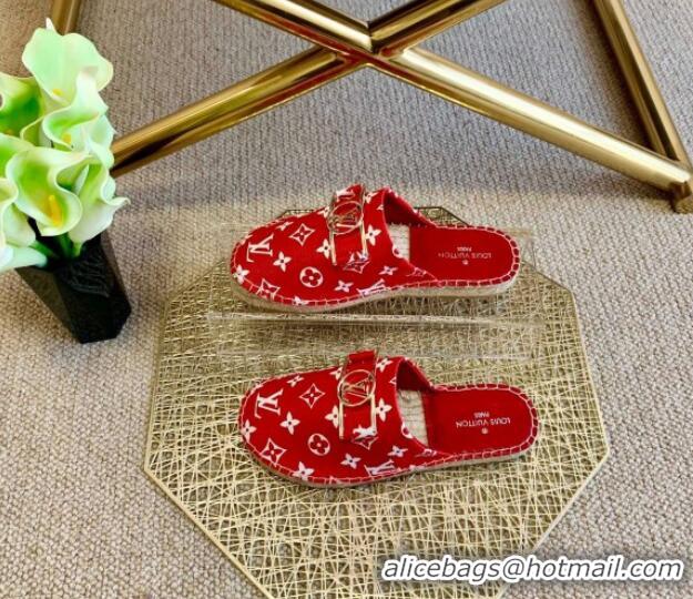 Good Quality Louis Vuitton Monogram Canvas Espadrille Slide Sandals with Rectangle LV Buckle 011104 Red