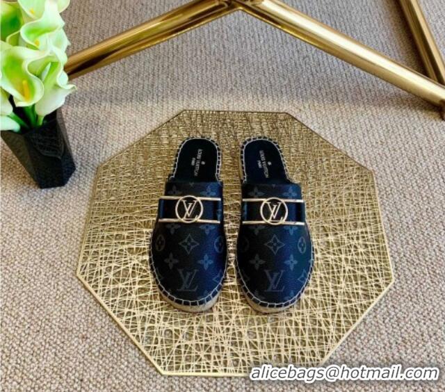 Good Quality Louis Vuitton Monogram Canvas Espadrille Slide Sandals with Rectangle LV Buckle 011104 Black