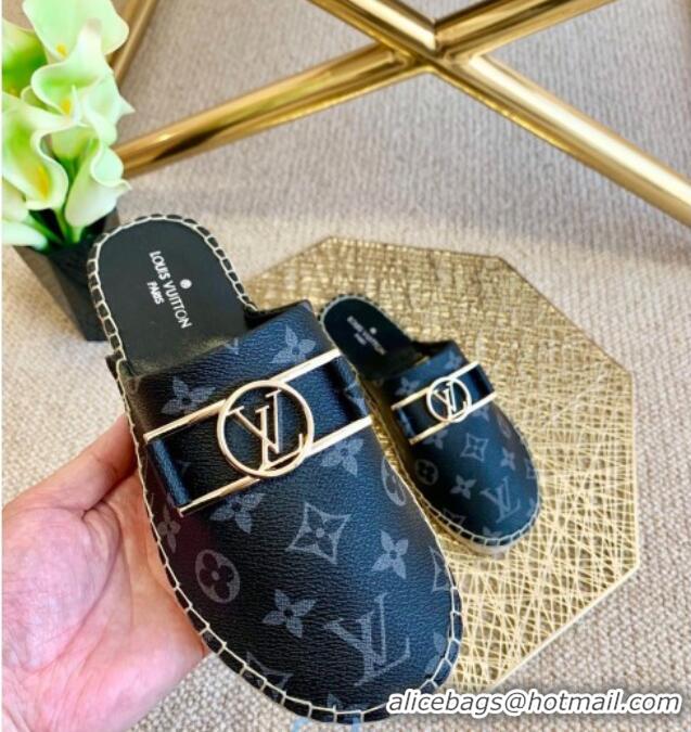 Good Quality Louis Vuitton Monogram Canvas Espadrille Slide Sandals with Rectangle LV Buckle 011104 Black